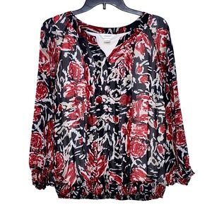 CJ Banks Blouse Top Floral Print 3/4 Sleeve Sheer‎ Red Black Womens 1X